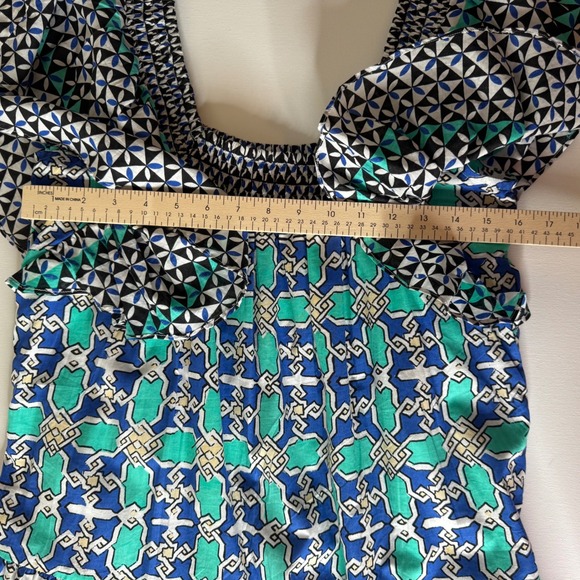 NWT Ro's Garden Jenna Dress Ivan Blue Size Medium Smocked Geometric‎ Boho Chic - Picture 7 of 8